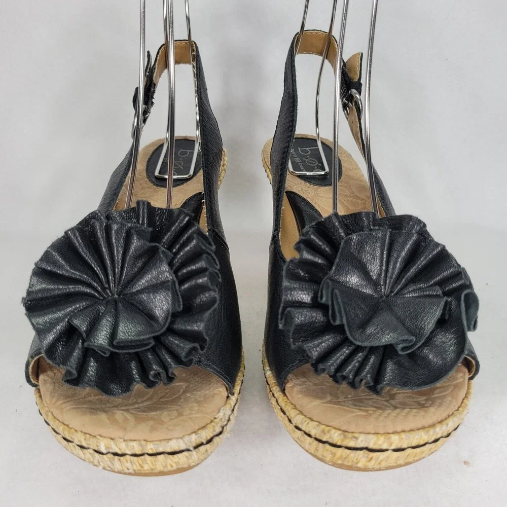 BOC Born Black Leather Peep Toe Wedge Sandals Womens‎ Sz 9 Strappy Flower